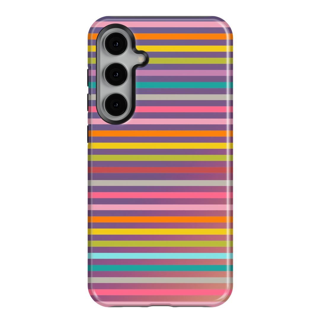 Samsung Galaxy case with colorful horizontal stripes in pink, orange, teal, and purple. Fits Galaxy S24 Ultra, S24 Plus, and S23 FE. Bold and playful rainbow stripe pattern.