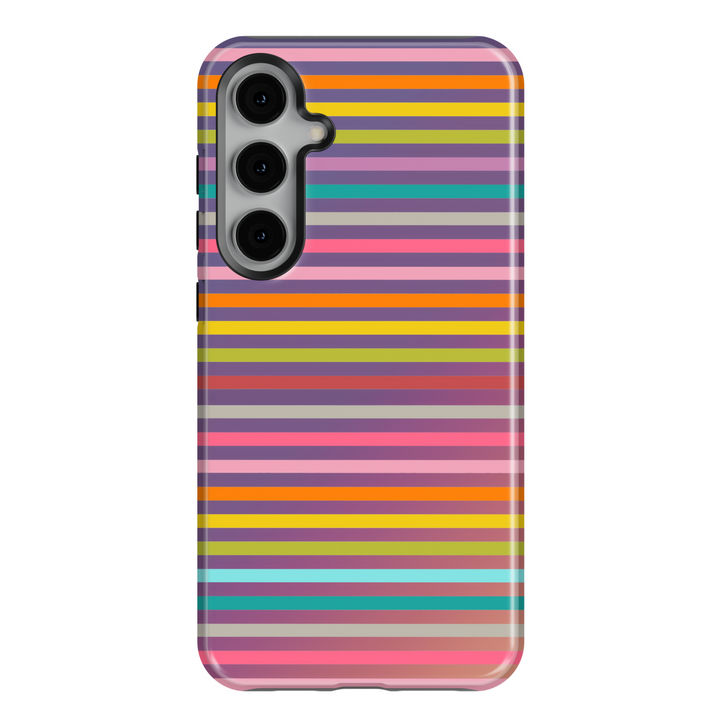 Samsung Galaxy case with colorful horizontal stripes in pink, orange, teal, and purple. Fits Galaxy S24 Ultra, S24 Plus, and S23 FE. Bold and playful rainbow stripe pattern.