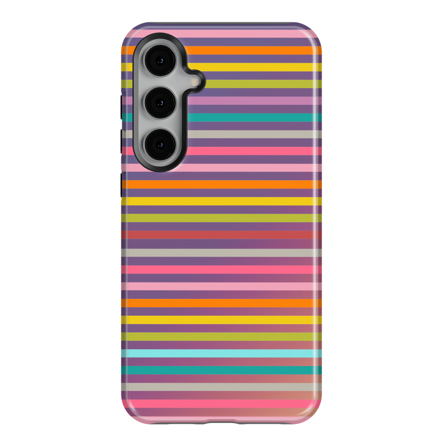 Samsung Galaxy case with colorful horizontal stripes in pink, orange, teal, and purple. Fits Galaxy S24 Ultra, S24 Plus, and S23 FE. Bold and playful rainbow stripe pattern.