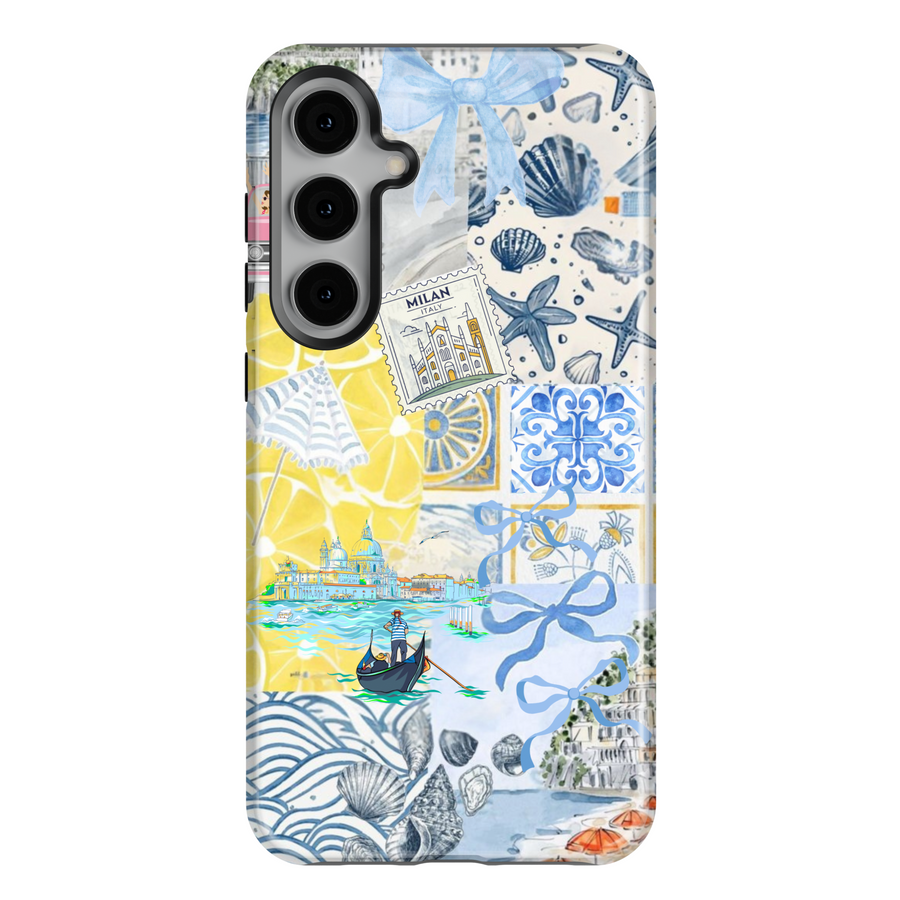 Samsung Galaxy S25 Ultra & S24 FE Case – Italian Summer Collage with Venice Gondola, Lemon Tiles, Amalfi Coast, and Seashells