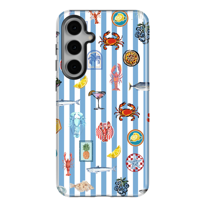 Samsung Galaxy phone case with blue and white stripes and colorful seafood, lemon, crab, and cocktail illustrations – coastal aesthetic tough case