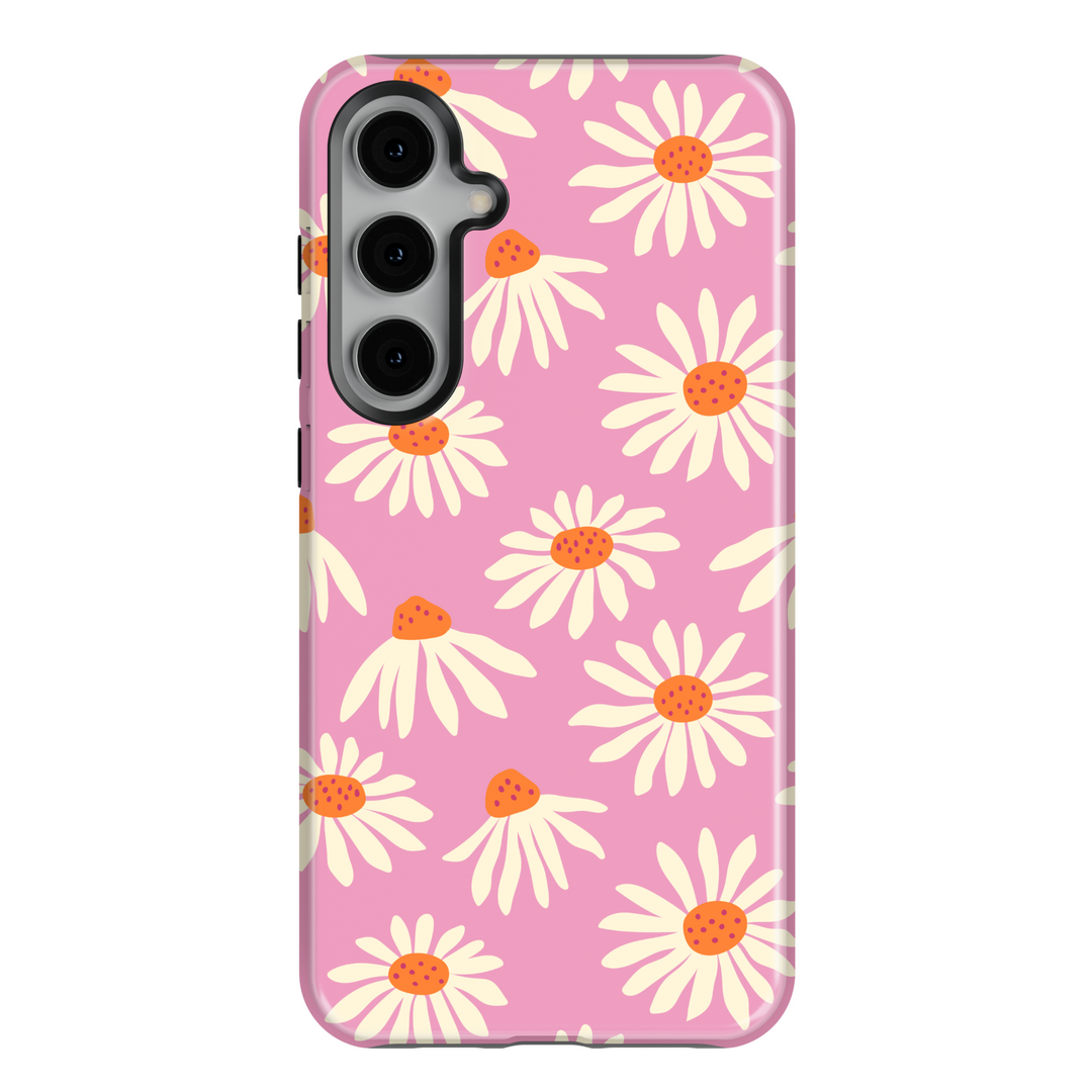 Pink daisy flower Samsung Galaxy S24 Ultra case – cute floral design for women, fits Galaxy S25, S24 FE, S23 Ultra, protective tough case for spring and summer.