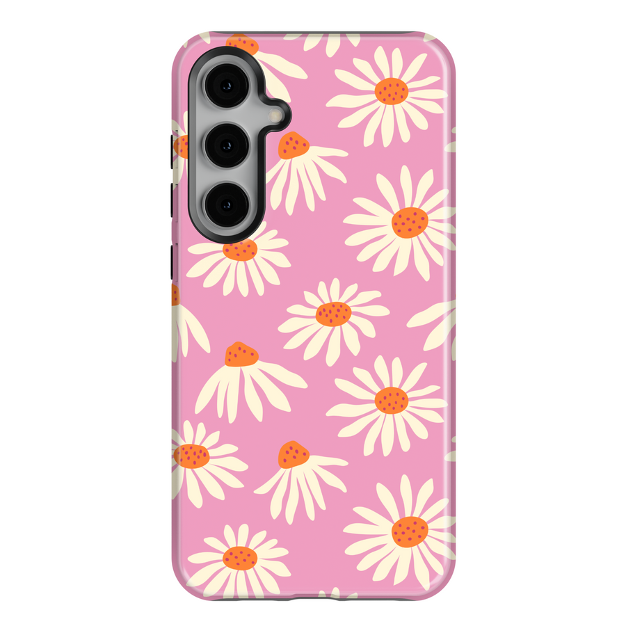 Pink daisy flower Samsung Galaxy S24 Ultra case – cute floral design for women, fits Galaxy S25, S24 FE, S23 Ultra, protective tough case for spring and summer.