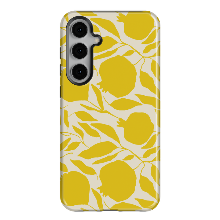 Samsung Galaxy phone case with modern yellow fruit and leaf silhouettes on a cream background – aesthetic citrus-themed design