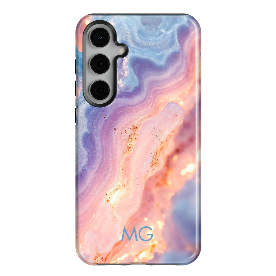 Samsung Galaxy S25 Ultra and S24FE tough phone case with pink, lavender, and gold marble design, personalized monogram.