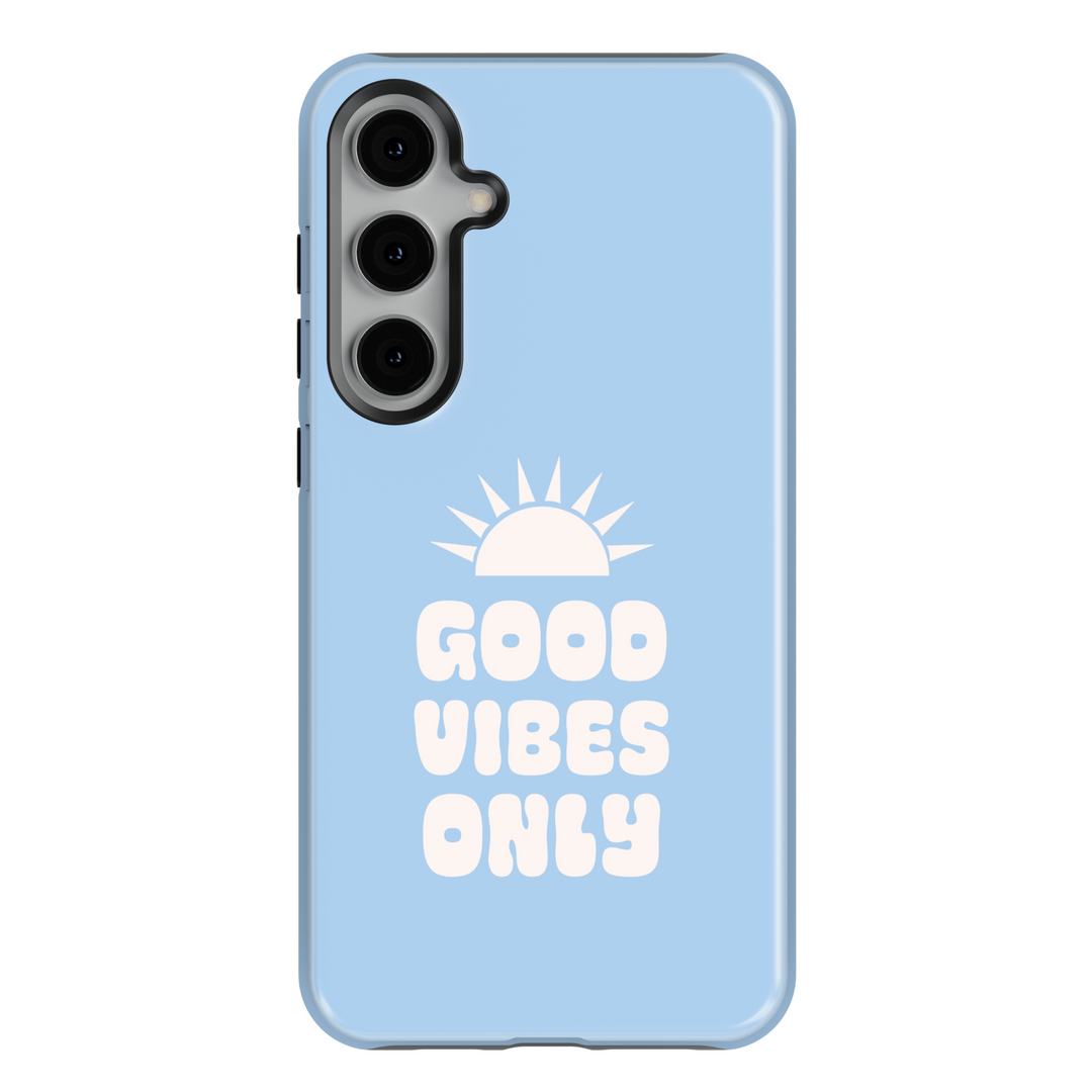 Samsung Galaxy S25 Ultra and S24 FE pastel blue phone case with white retro "Good Vibes Only" text and sun graphic.