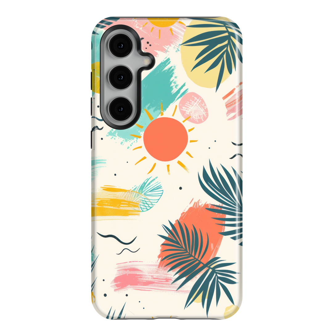 Tropical sun and palm leaf Samsung Galaxy S24 Ultra case – colorful summer beach design for women, compatible with Galaxy S25, S24 FE, and more.