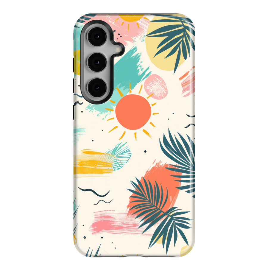 Tropical sun and palm leaf Samsung Galaxy S24 Ultra case – colorful summer beach design for women, compatible with Galaxy S25, S24 FE, and more.