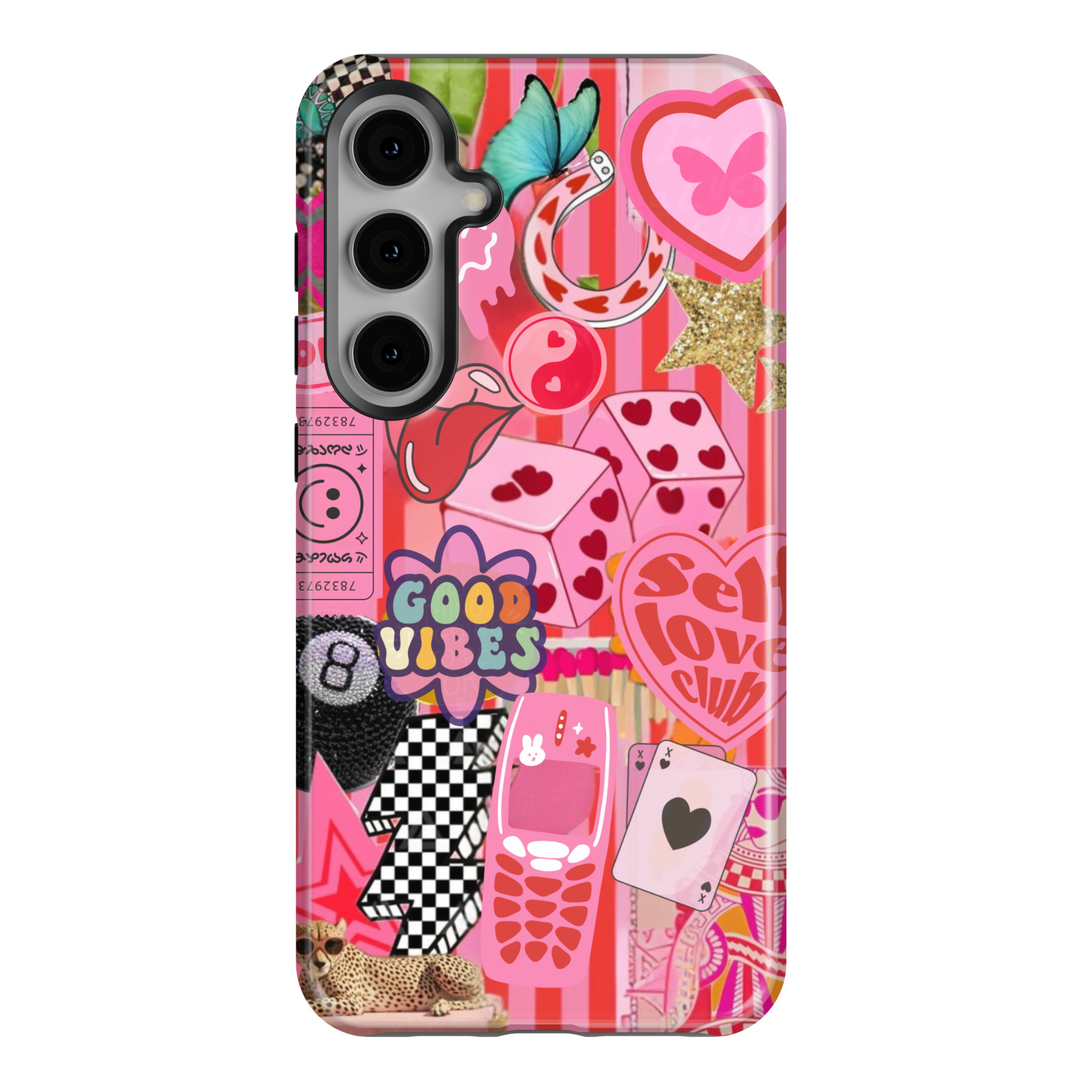 Samsung Galaxy phone case with pink sticker collage including good vibes text, heart playing cards, retro phone, cheetah, and butterfly. Compatible with Galaxy S24 Ultra, S24 Plus, and S23 FE. Bold, playful aesthetic.