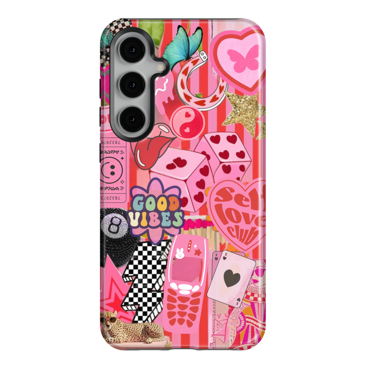 Samsung Galaxy phone case with pink sticker collage including good vibes text, heart playing cards, retro phone, cheetah, and butterfly. Compatible with Galaxy S24 Ultra, S24 Plus, and S23 FE. Bold, playful aesthetic.