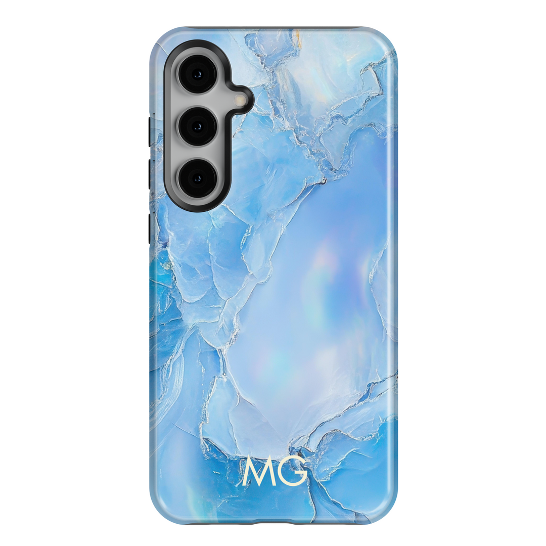 Samsung Galaxy S25 Ultra and S24FE tough phone case with light blue crystal marble design, personalized monogram.