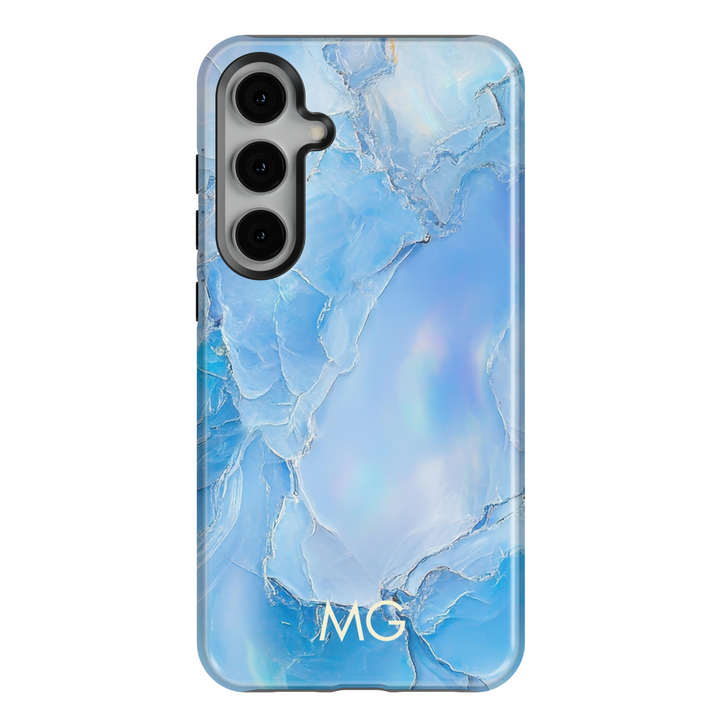 Samsung Galaxy S25 Ultra and S24FE tough phone case with light blue crystal marble design, personalized monogram.