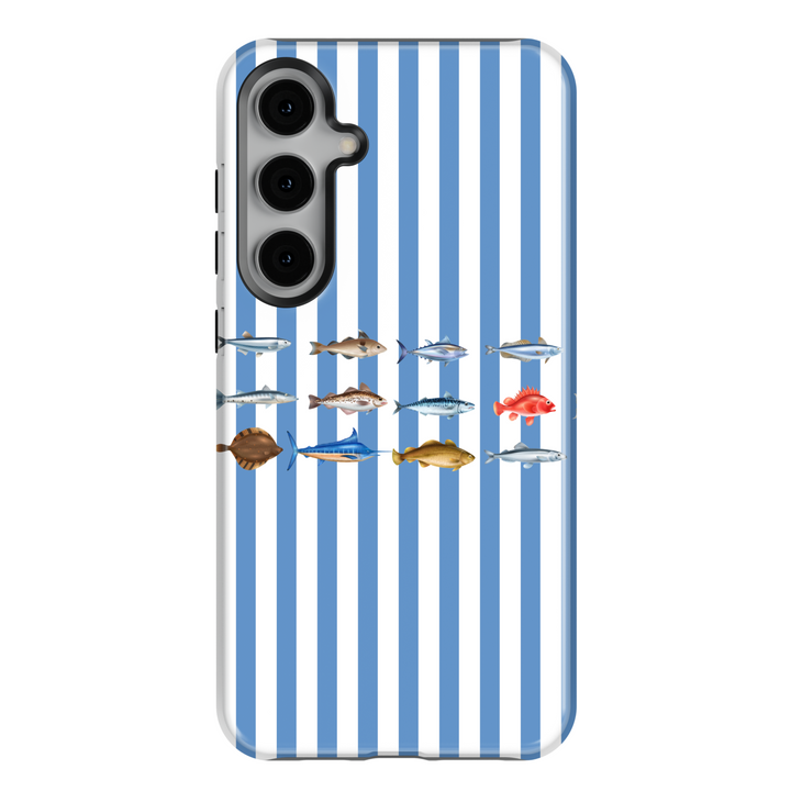 Samsung Galaxy case with nautical blue and white stripes and various fish illustrations – coastal marine phone cover