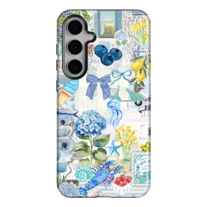 Coastal scrapbook collage iPhone case with hydrangeas, lighthouses, jellyfish, bows, and lemons – fits Galaxy S25, S24, S23