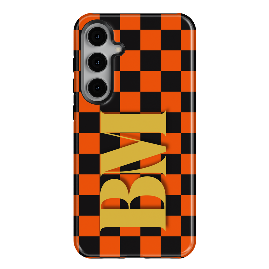 Samsung Galaxy Orange & Black Checkerboard Monogram Case – Fits S24, S25 Ultra, S23