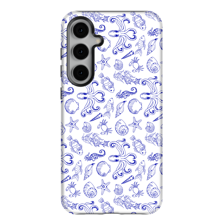 Samsung Galaxy S25 Ultra Tough Case with Blue Sketch Style Ocean Pattern – Featuring Octopus, Fish, Starfish, and Shells on White Background