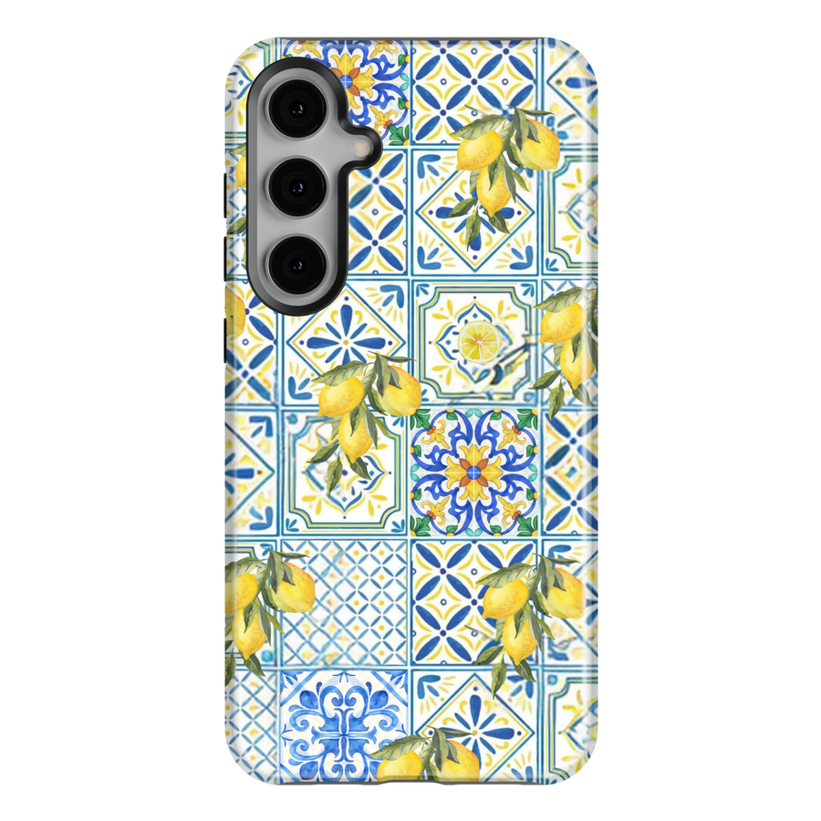 Mediterranean lemon tile iPhone case with blue and yellow ceramic pattern – MagSafe compatible citrus summer phone case for Galaxy S25 Ultra, S24, S23