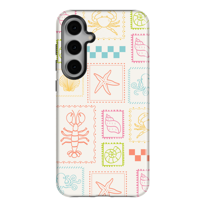 Samsung Galaxy S25 Ultra & S24 FE Case – Pastel Beach Patch Design with Starfish, Crabs, Shells, Lobsters, and Ocean Icons on Cream Background