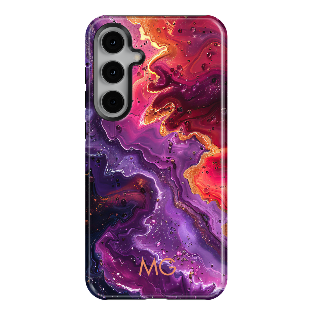 Samsung Galaxy S25 Ultra and S24FE tough phone case with purple, magenta, and orange abstract swirl design, personalized monogram