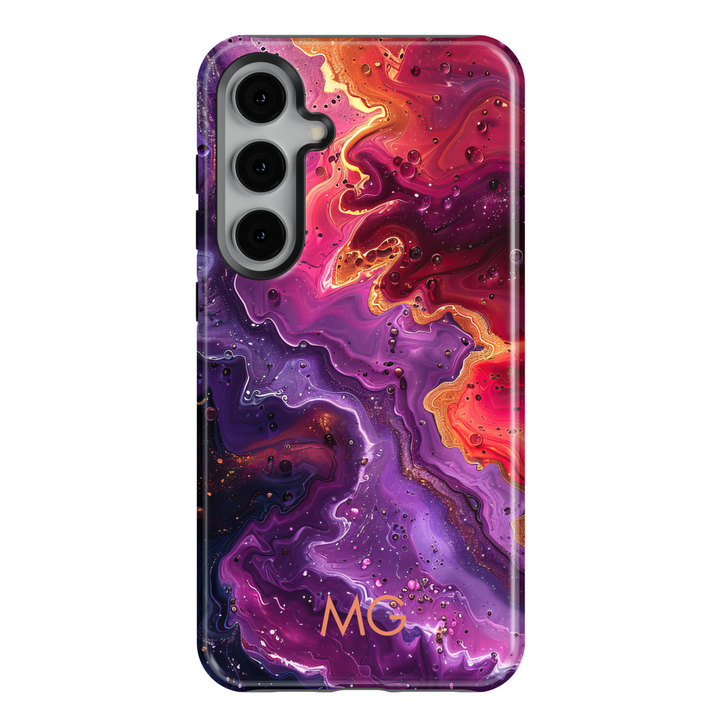 Samsung Galaxy S25 Ultra and S24FE tough phone case with purple, magenta, and orange abstract swirl design, personalized monogram