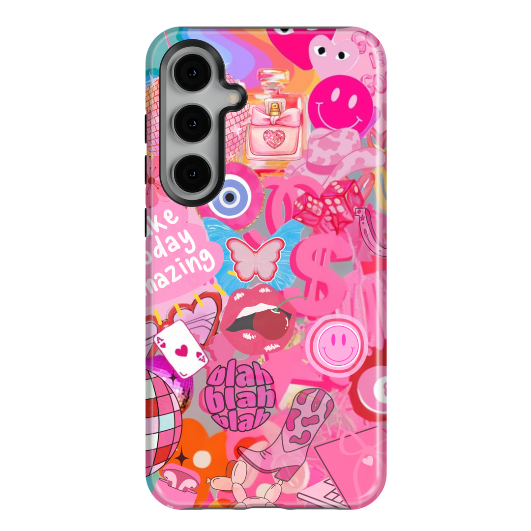 Samsung Galaxy phone case with bold pink sticker collage, including butterflies, lips, smiley faces, and dollar icons. Compatible with Galaxy S24 Ultra, S24 Plus, and S23 FE. Fun and trendy design.