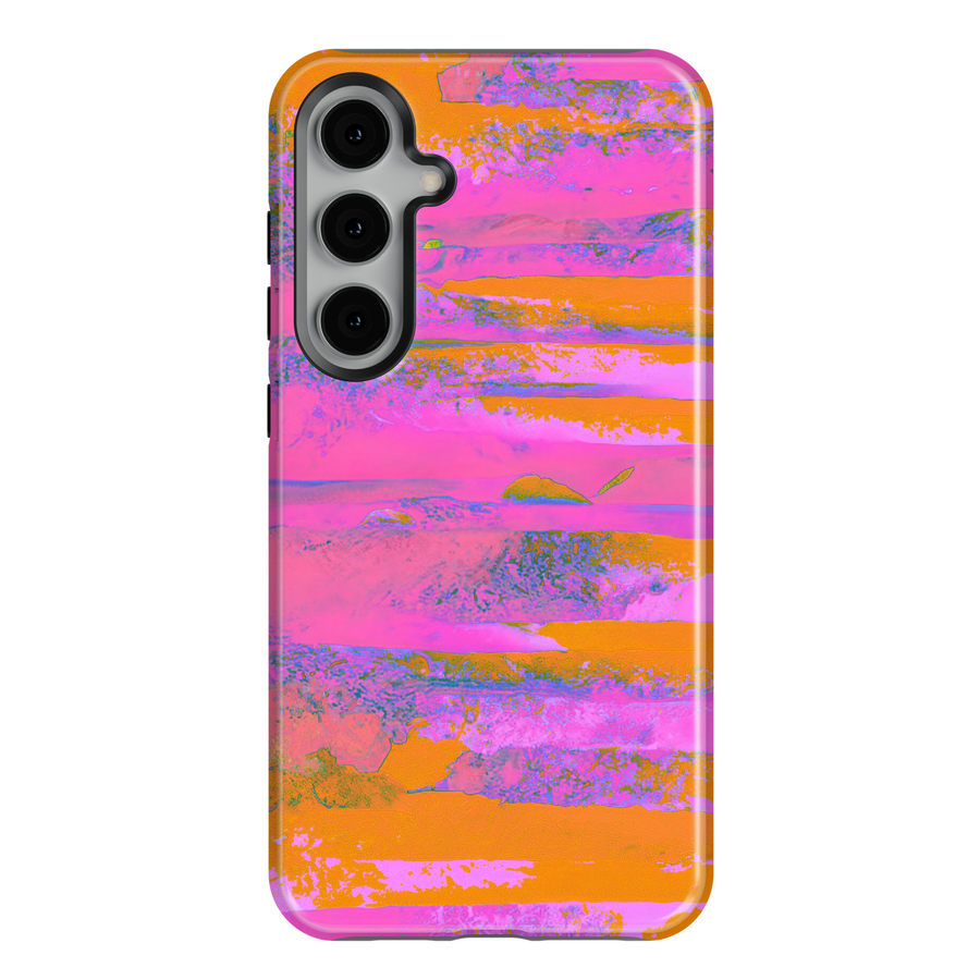 Galaxy S24 Ultra summer beach phone case with pink and orange abstract brushstroke pattern – trendy coastal protective case for women, also fits Galaxy S25 and S24 FE.