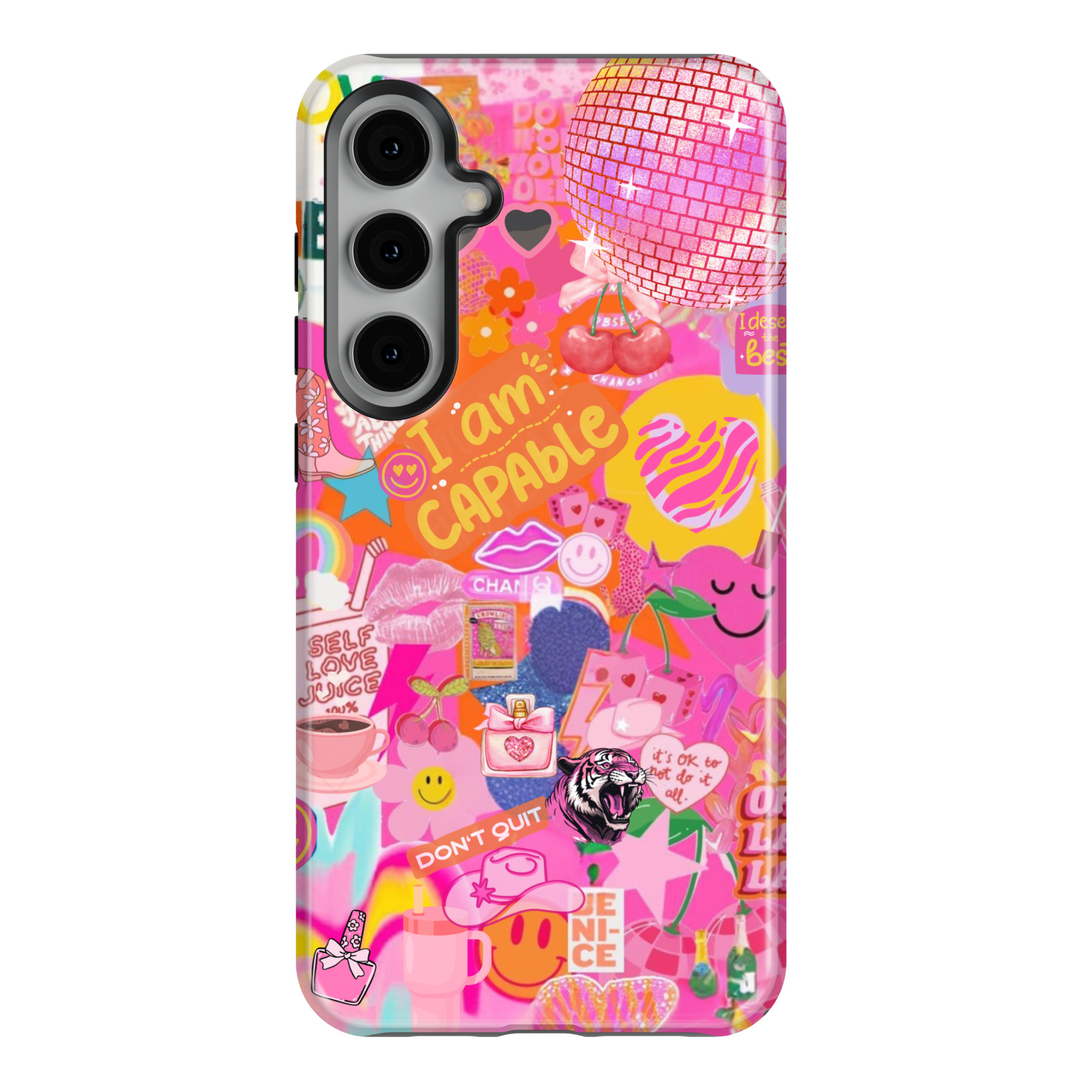 Samsung Galaxy phone case with pink sticker collage design, featuring motivational quotes, rainbows, disco ball, and playful icons. Fits Galaxy S24 Ultra, S24 Plus, and S23 FE. Fun and bold aesthetic.