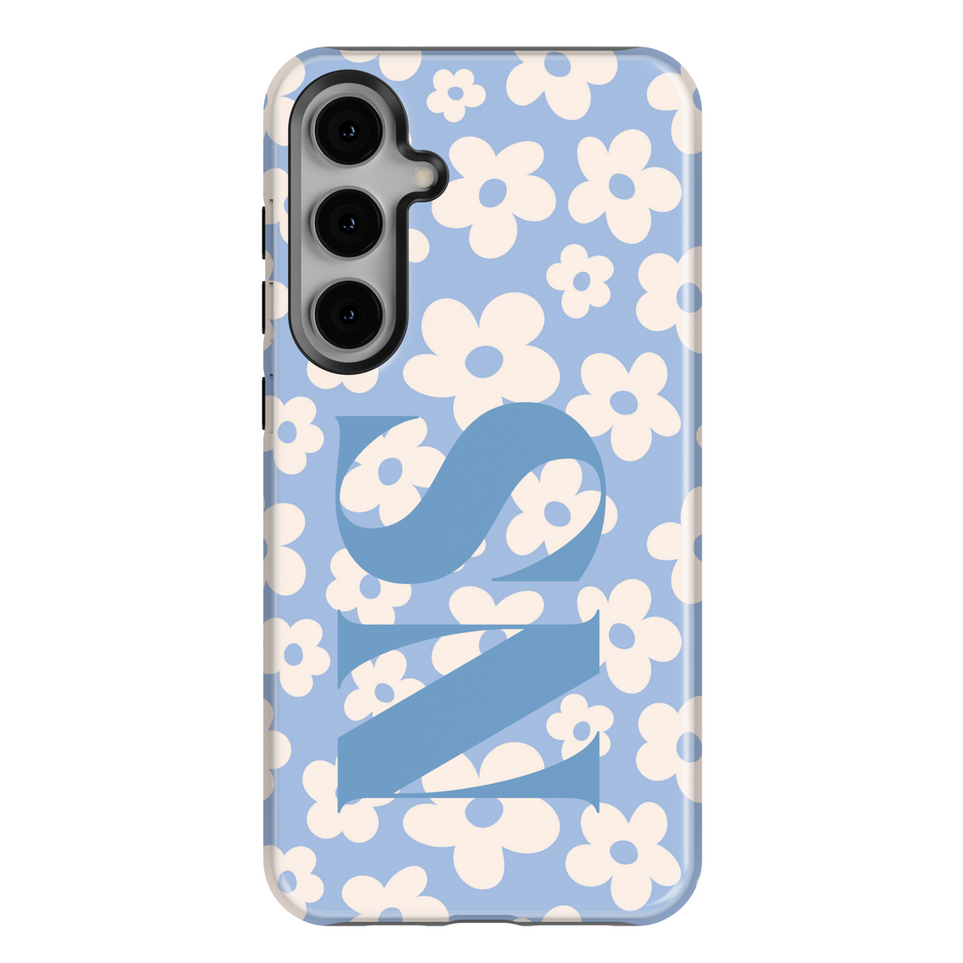 Samsung Galaxy S25 Ultra and S24 FE case with pastel blue background, white daisy flower pattern, and large custom monogram.