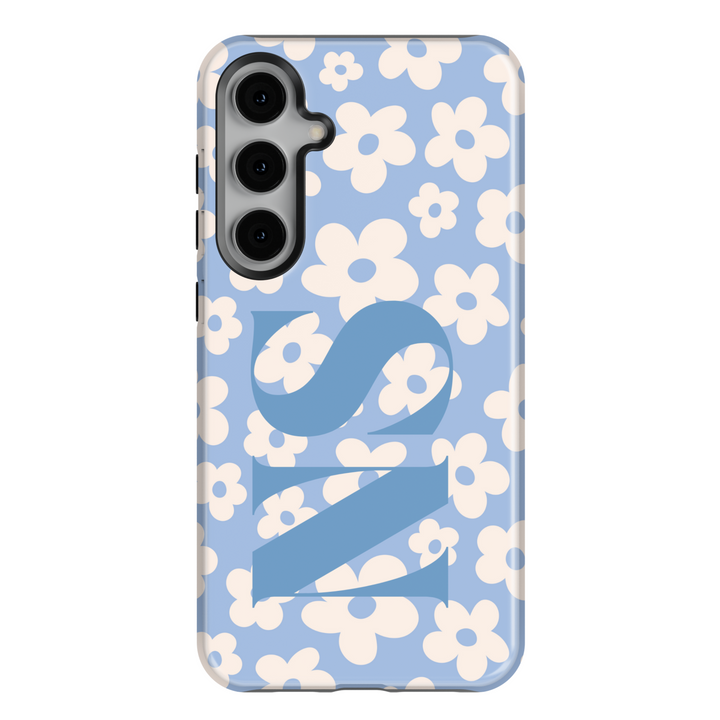 Samsung Galaxy S25 Ultra and S24 FE case with pastel blue background, white daisy flower pattern, and large custom monogram.
