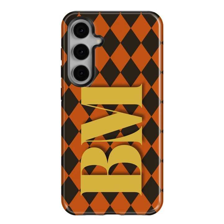 Samsung Galaxy Orange Checkerboard Case with Orange Monogram – Fits S24, S25 Ultra, S23