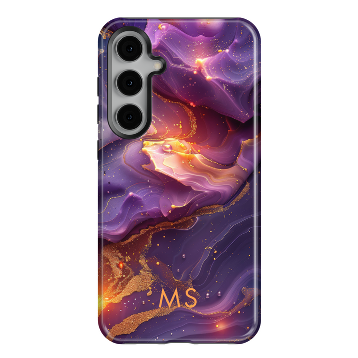Samsung Galaxy S25 Ultra and S24FE tough phone case with purple, magenta, and orange abstract swirl design, personalized monogram.