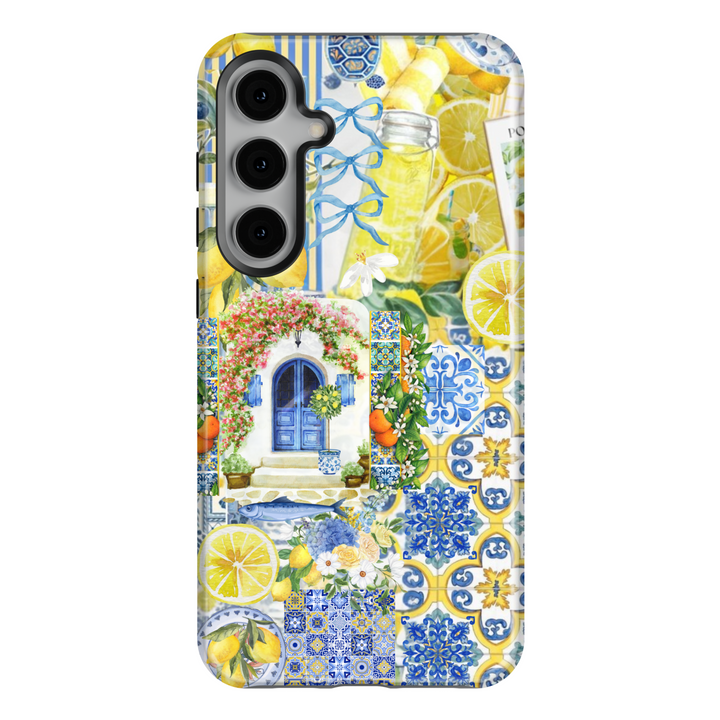 Mediterranean lemon garden iPhone case with blue tiles, florals, citrus fruits, and a coastal villa door – designed for Galaxy S25 Ultra, S24, S23, S22