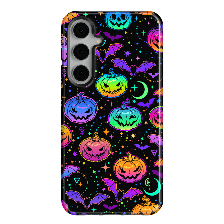 Samsung Galaxy case with neon Halloween pumpkins, bats, and stars pattern on a black background – tough protective phone cover.