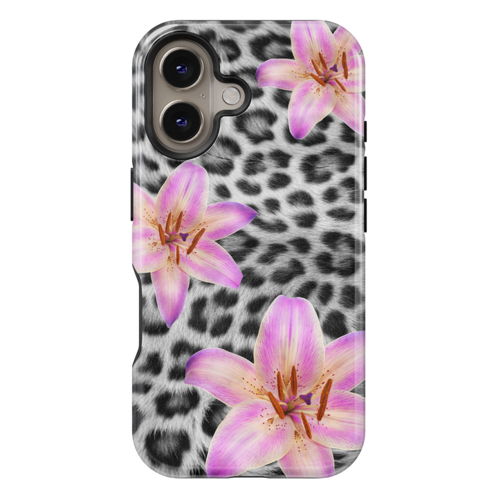 iPhone 16 Pro Max MagSafe case with black and white leopard print and pink lily floral design – feminine aesthetic protective case for iPhone 15 Pro and iPhone 16e