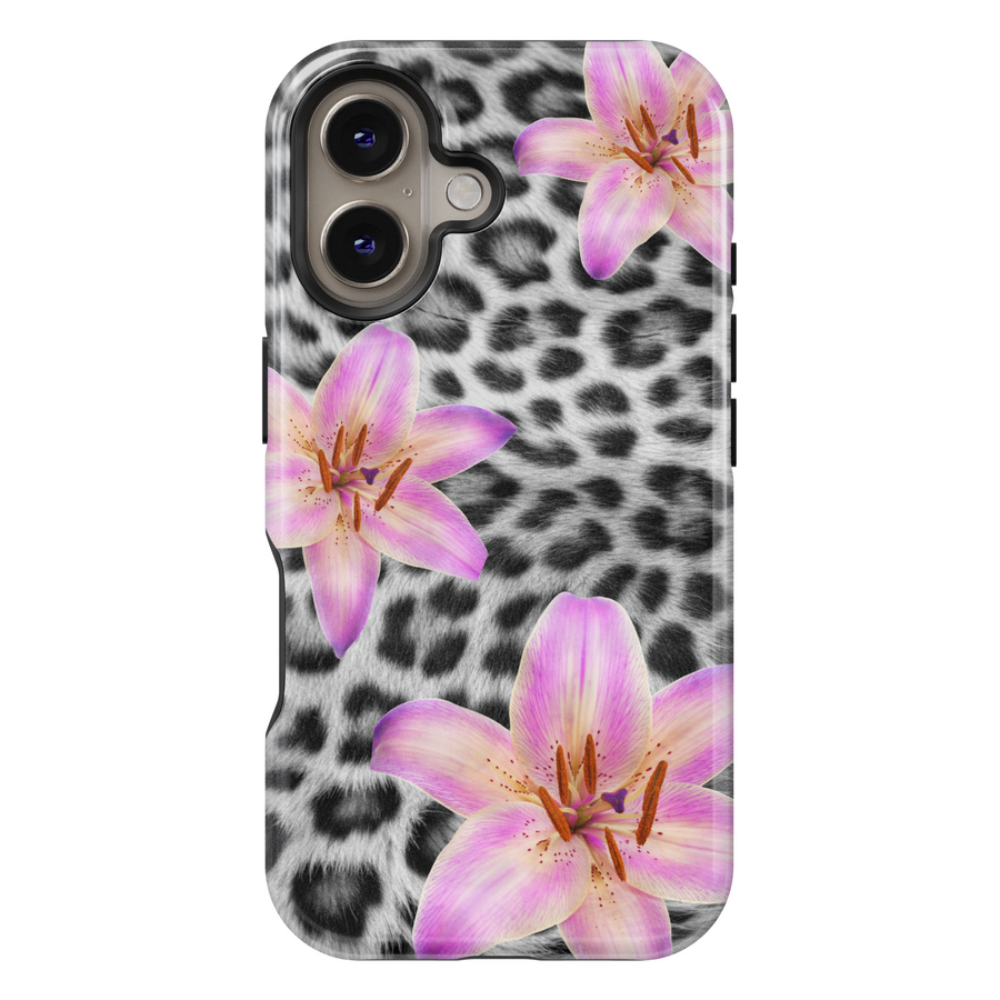 iPhone 16 Pro Max MagSafe case with black and white leopard print and pink lily floral design – feminine aesthetic protective case for iPhone 15 Pro and iPhone 16e