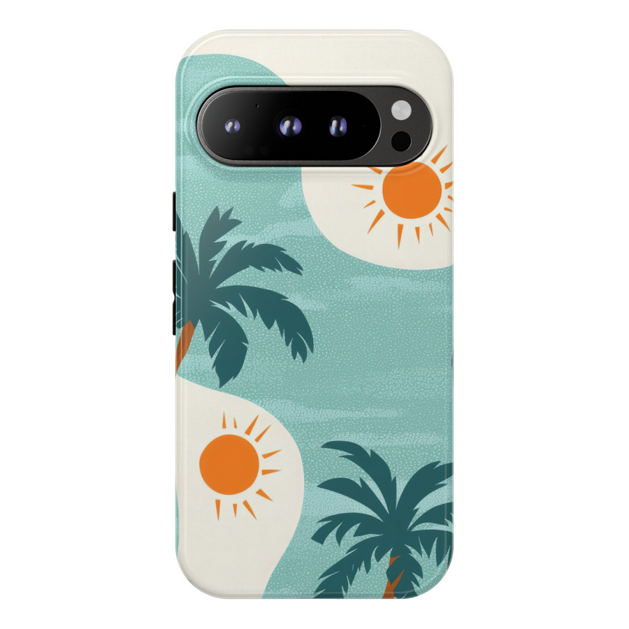 Phone case with teal blue background, retro orange suns, and dark green palm trees – tropical beach vibe for Google Pixel