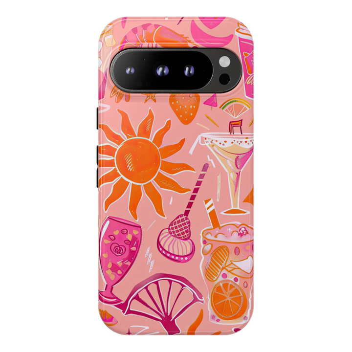 Peachy pink phone case with illustrated summer drinks, orange sun, strawberries, cocktail glasses, and beachy details – tropical vibe cover for Google Pixel