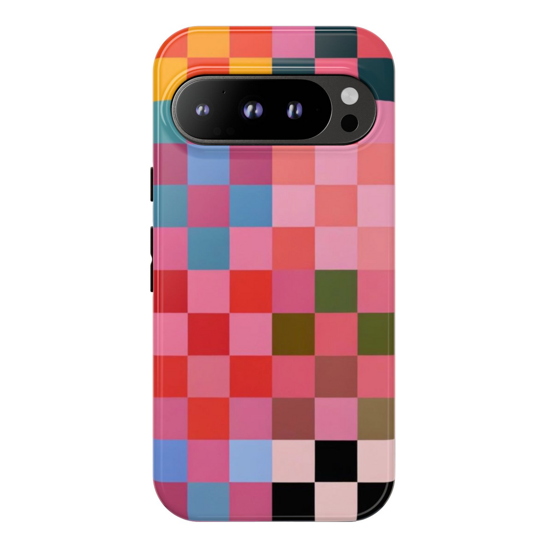 Colorful checkerboard phone case with a bold pixel-style grid featuring red, blue, pink, orange, and green blocks – fun and artistic cover for Google Pixel