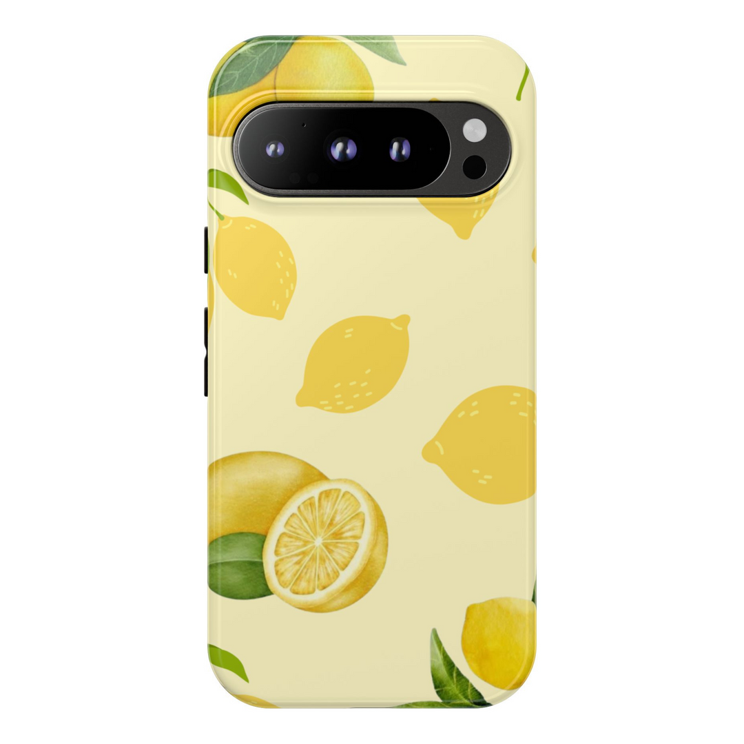 Aesthetic lemon phone case with whole and sliced yellow lemons on a pastel cream background – fresh citrus design for Google Pixel