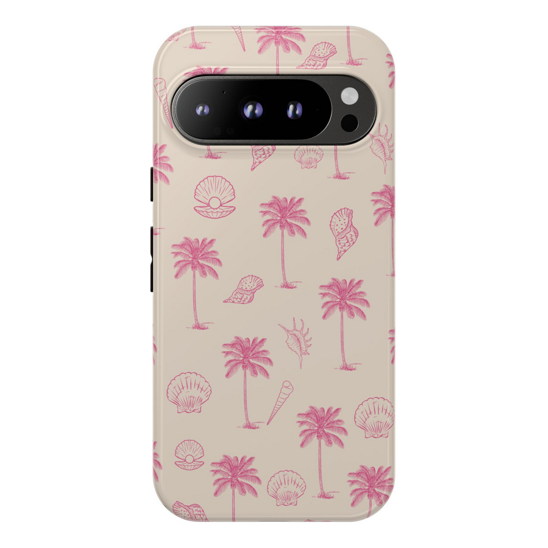 Neutral tan phone case with soft pink palm trees and seashell illustrations – summer beach aesthetic for Google Pixel 8, 8 Pro, 9 Pro XL