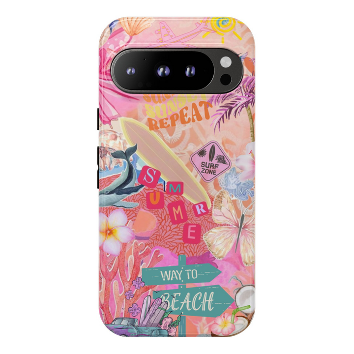 Colorful summer collage phone case with surfboards, flowers, palm trees, ocean coral, butterflies, and "Way to Beach" signage – protective case for Pixel 8, 8 Pro, 9 Pro XL
