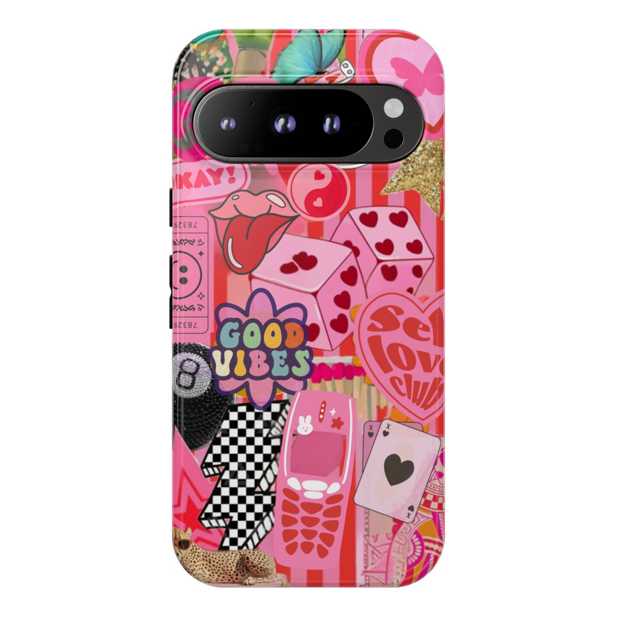 Y2K pink and red Google Pixel case with retro stickers including dice, vintage phone, hearts, and good vibes text – protective cover for Pixel 8, 8 Pro, and 9 Pro XL