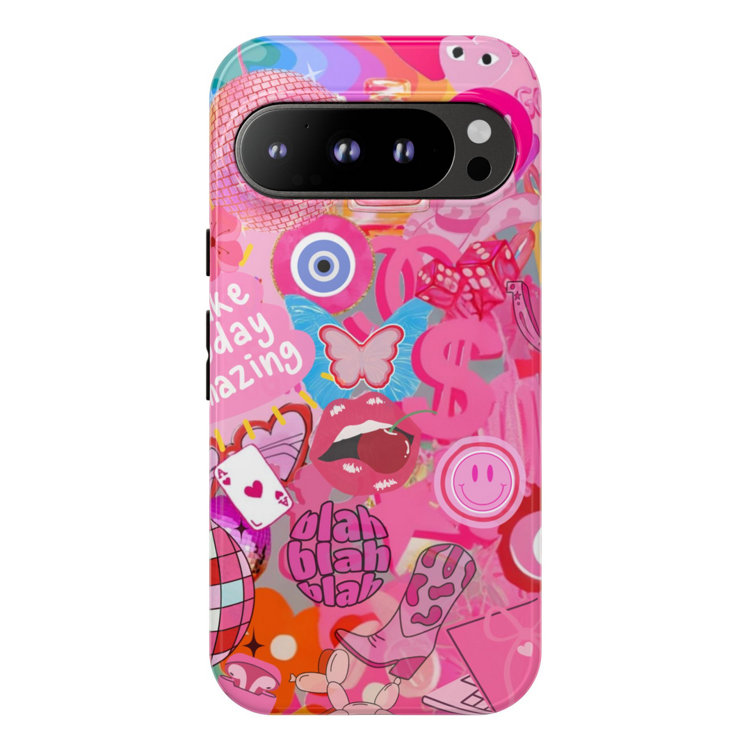 Y2K aesthetic Google Pixel case with pink collage of retro stickers, butterflies, disco balls, cowboy boots, and smiley faces – tough cover for Pixel 8, 8 Pro, and Pixel 9 Pro XL