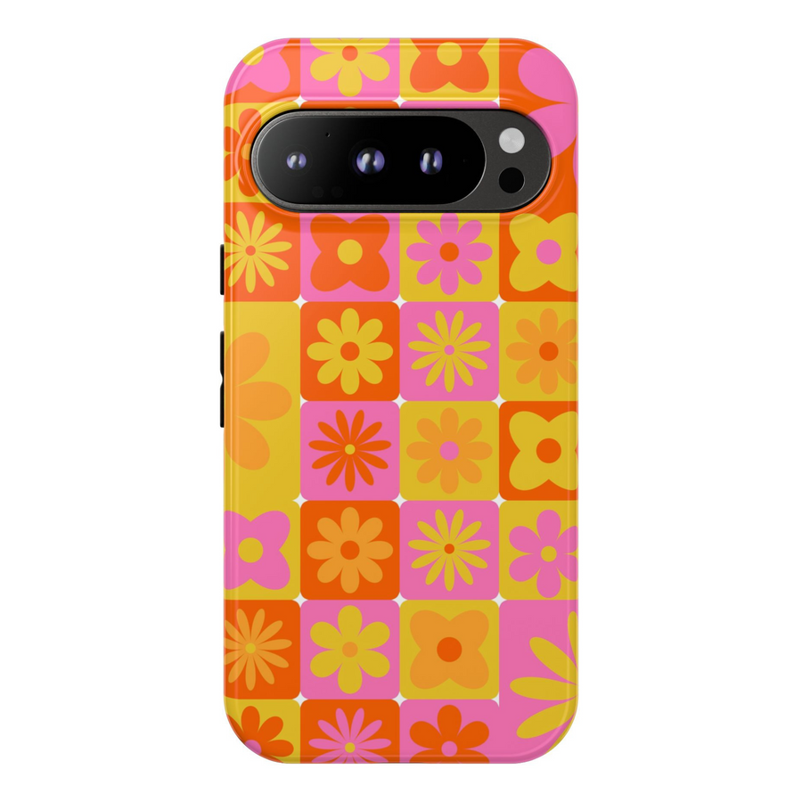 70s retro floral Google Pixel case with pink, orange, and yellow grid flower pattern – tough protective case for Pixel 8, 8 Pro, and 9 Pro XL