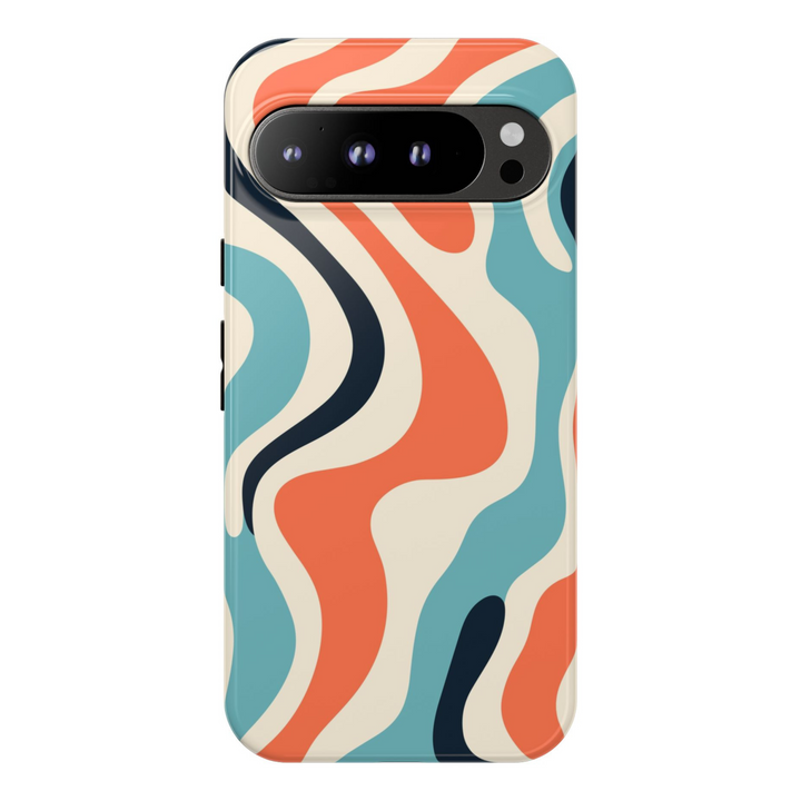 Google Pixel phone case with retro wavy lines in blue, coral, cream and navy – abstract tough case for Pixel 8, 8 Pro, and Pixel 9 Pro XL
