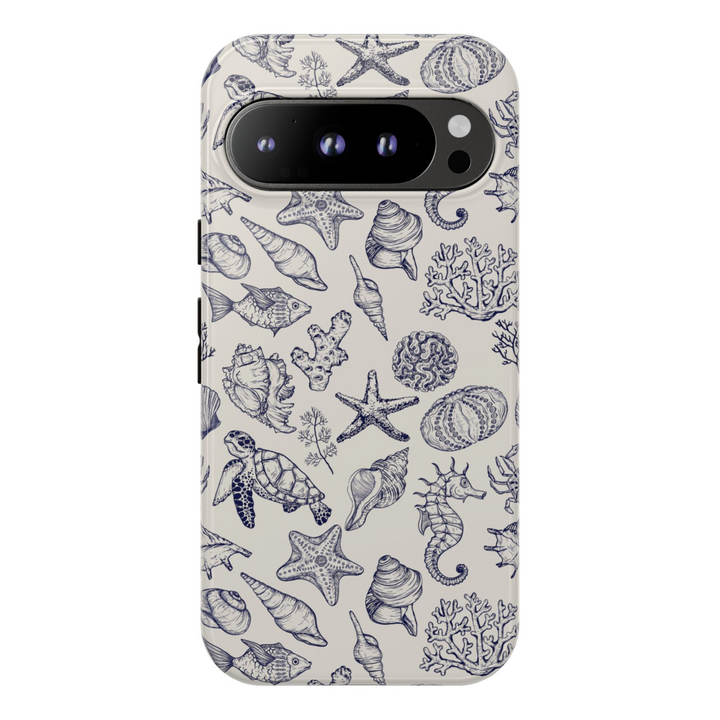 Google Pixel 8 Pro seashell case, Pixel 9 Pro XL marine life cover, vintage sea illustration phone case, hand-drawn nautical Pixel case, ocean theme phone case Pixel, coastal line drawing cover, sea life tough phone case, coral and shell phone case Google Pixel