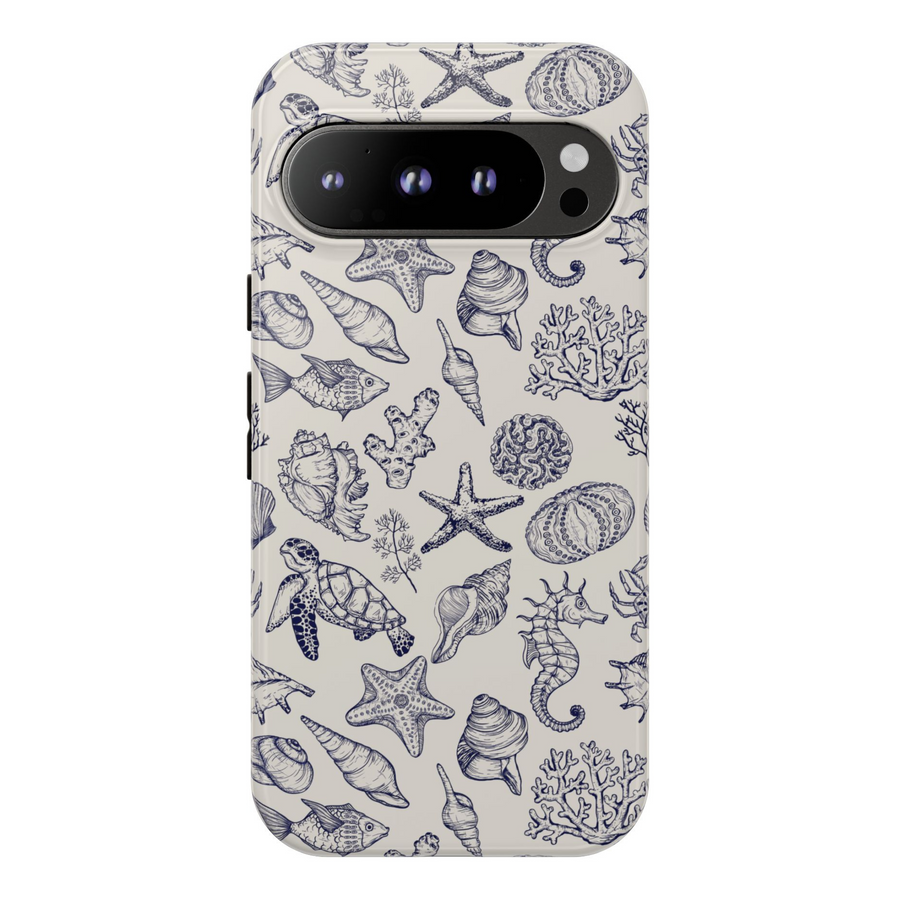Google Pixel 8 Pro seashell case, Pixel 9 Pro XL marine life cover, vintage sea illustration phone case, hand-drawn nautical Pixel case, ocean theme phone case Pixel, coastal line drawing cover, sea life tough phone case, coral and shell phone case Google Pixel