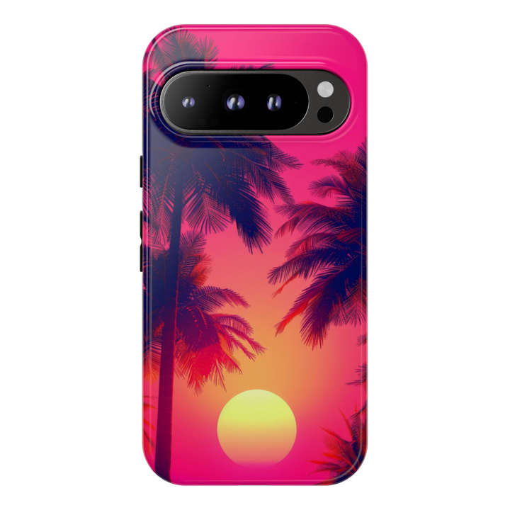 Google Pixel 8 Pro tropical case, Pixel 9 Pro XL sunset case, neon palm phone cover, aesthetic beach phone case, vibrant summer phone case, palm tree case for Google Pixel, beach vibe Pixel phone case, sunset glow tropical case