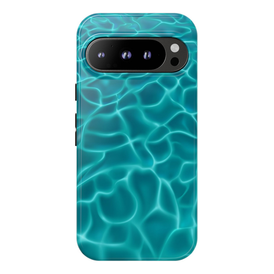 pool water phone case, ripple effect phone case, water reflection Pixel case, summer water phone cover, turquoise aesthetic case, aqua blue Google Pixel case, glossy water phone case, Pixel pool case, realistic ocean texture case, blue shimmer protective phone case