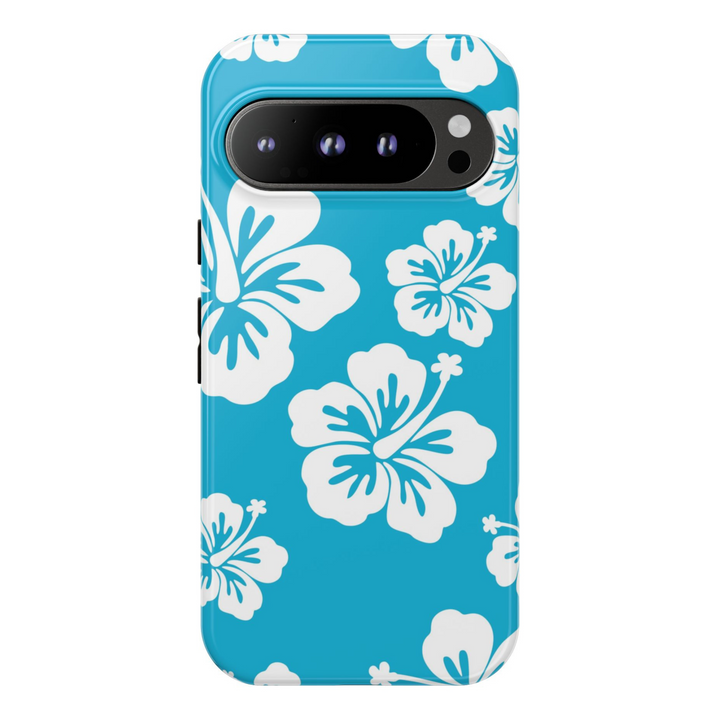 blue hibiscus phone case, tropical floral Pixel case, Hawaiian flower phone case, beachy phone cover Pixel, summer aesthetic tough case, island vibe phone case, blue and white floral Pixel case, hibiscus tough case Google Pixel